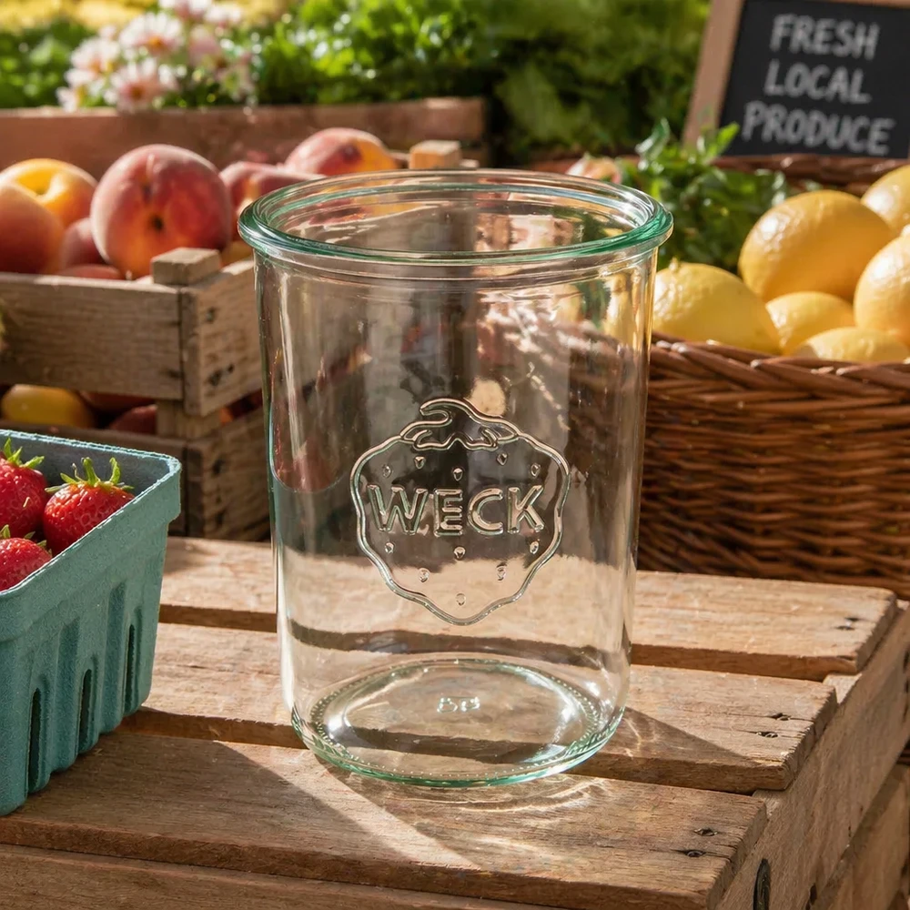 850ml WECK Pot renversé RR100 en verre transparent avec logo sur caisse en bois entre des fruits et légumes frais