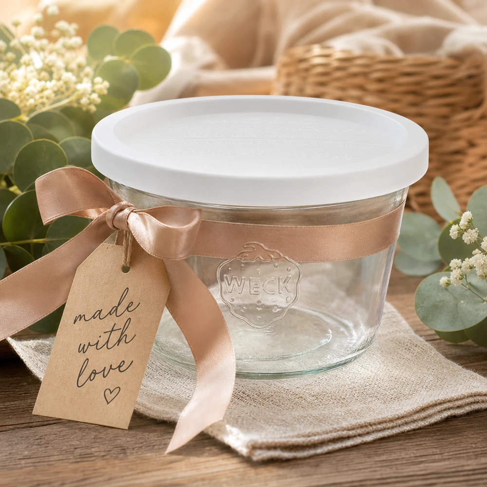 Bocal en verre de 370 ml avec couvercle hermétique WECK RR100 WECK Verre renversé 370ml RR100 présenté de manière décorative avec un ruban et une étiquette cadeau Made with Love sur une table en bois