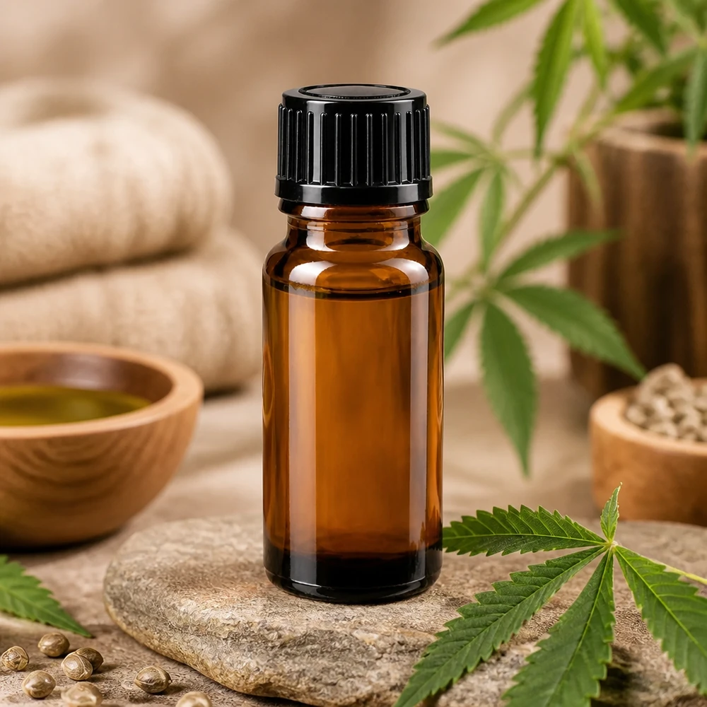 Flacon en verre ambré de 10 ml muni d'un bouchon compte-gouttes noir, à côté de feuilles de cannabis et de graines de chanvre
