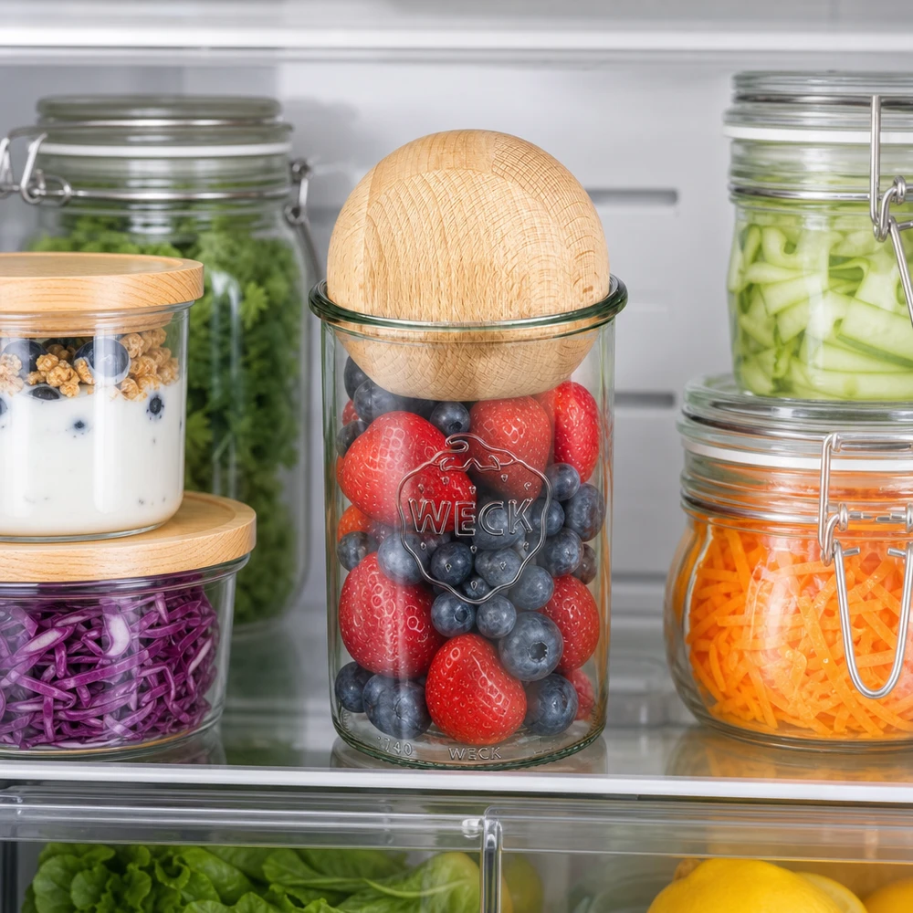 1000ml bocal conique WECK RR100 avec boule en bois en hêtre WECK Pot renversé 1000ml RR100 dans le réfrigérateur rempli de baies, couvercle boule en bois hêtre, conservation Meal Prep