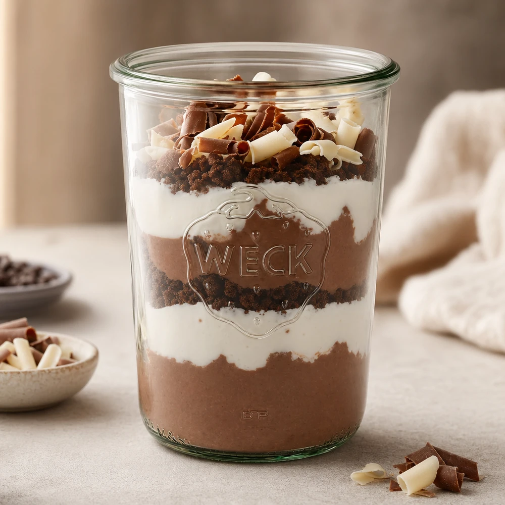 850ml WECK Pot renversé RR100 rempli d'un dessert stratifié à base de mousse au chocolat, de crème et de miettes de biscuits