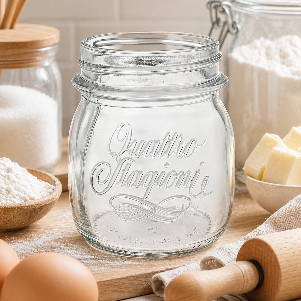 250ml Verre rond "Quattro Stagioni" QS70mm 250ml Quattro Stagioni Pot ménager avec emblème sur table en bois avec ustensiles de cuisine et ingrédients
