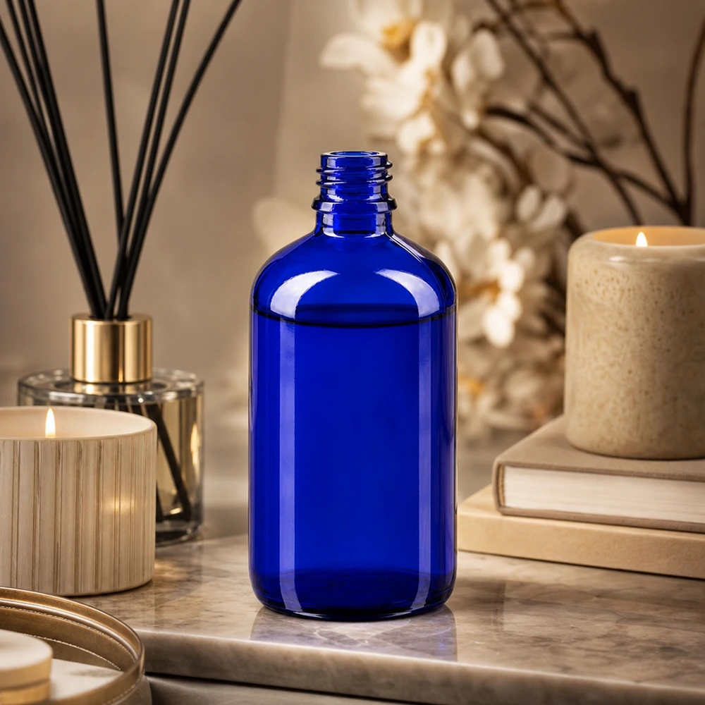 Flacon robuste ApoGlas 100ml bleu avec une construction à parois épaisses pour un stockage sûr