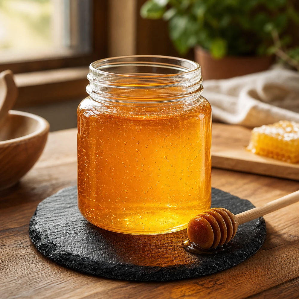 Plateau de service en ardoise rond 15cm avec pot de miel et cuillère en bois comme surface de présentation élégante pour les desserts