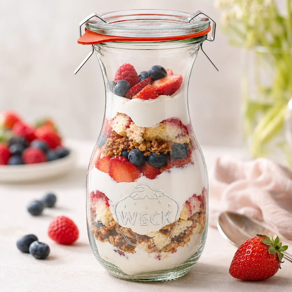 WECK Bouteille de jus 290 ml RR60 avec dessert à base de yaourt, baies et granola comme idée d'utilisation créative
