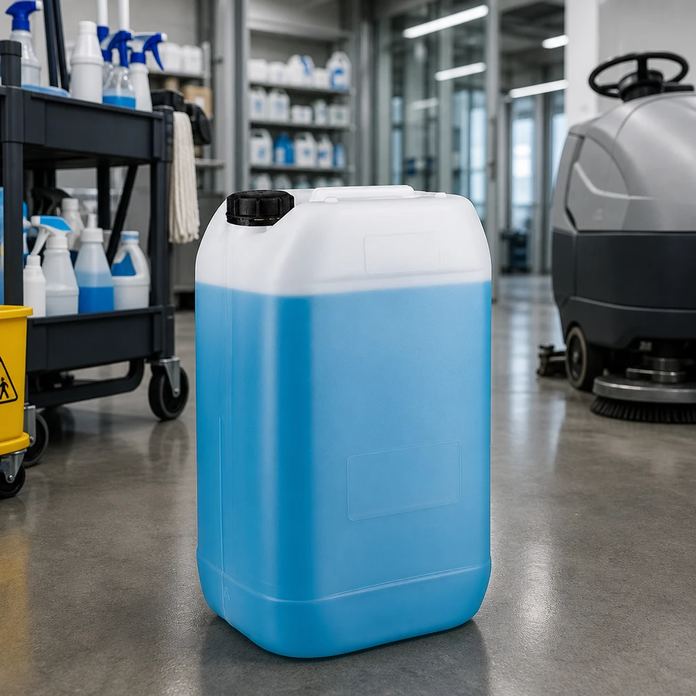 Bidon bleu de 15 litres avec bouchon à vis, destiné aux produits de nettoyage à usage industriel