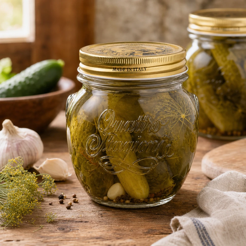 300ml Quattro Stagioni Verre rond avec couvercle doré rempli de cornichons marinés sur table rustique en bois Made in Ital