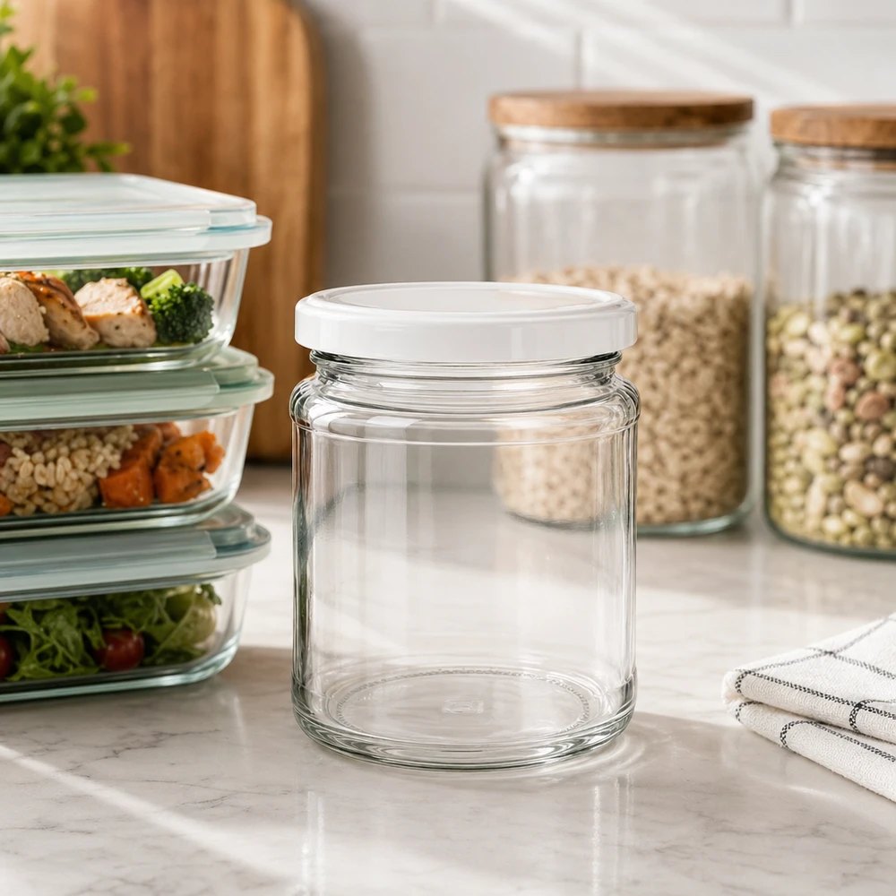 212ml Verre rond avec couvercle BasicSeal blanc UNiTWIST Pot rond vide de 212ml avec couvercle BasicSeal dans la cuisine moderne entre les Meal-Prep Boxes et les bocaux à provisions