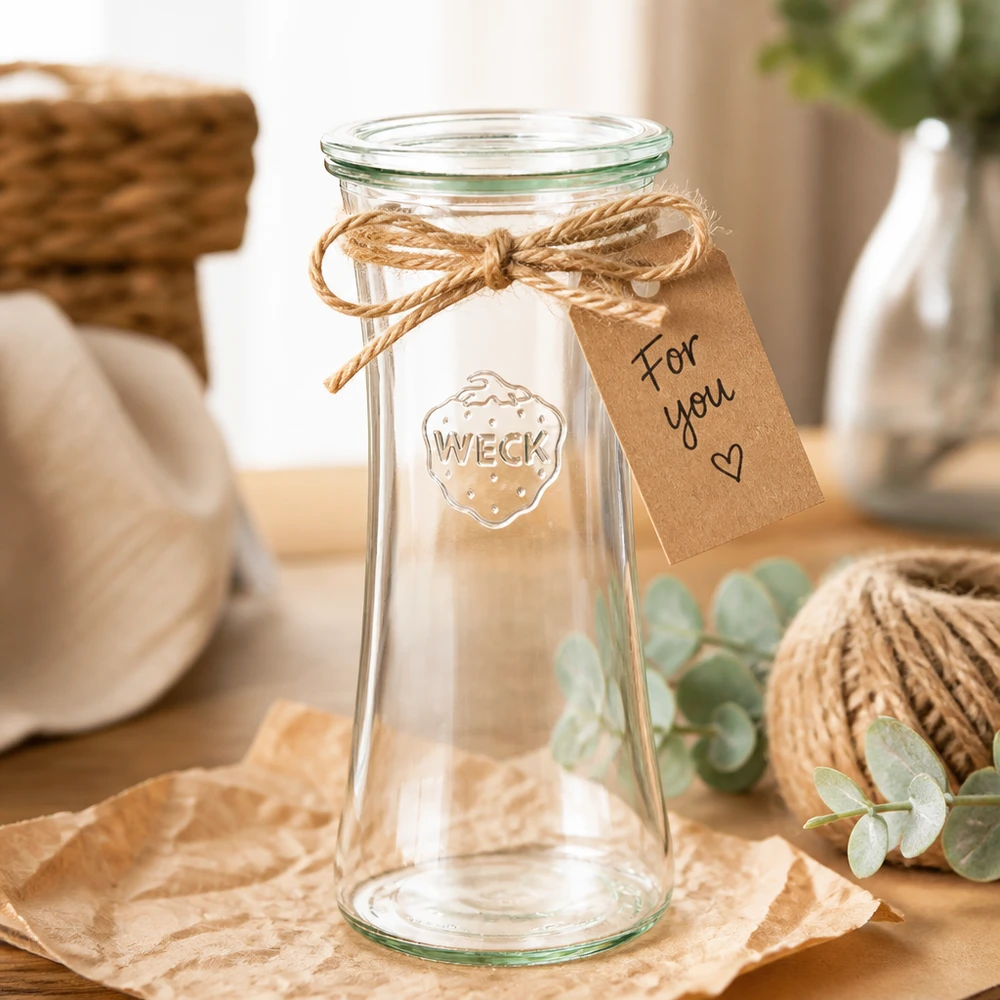 700ml bocal à gourmandises avec bouchon en verre WECK RR80 WECK Delikatessenglas 700ml RR80 mit Geschenkanhänger und Juteschnur - dekoratives Einmachglas als Geschenkidee