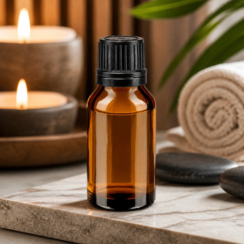 Flacon de pharmacie opaque de 15 ml en verre ambré avec bouchon d'origine, posé sur du marbre