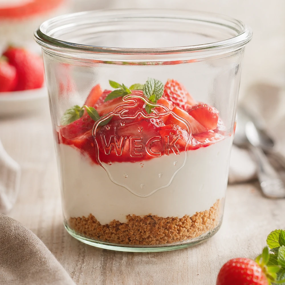 WECK Verre renversé 580ml RR100 rempli de fraises et de yaourt comme dessert dans un verre sur une table en bois