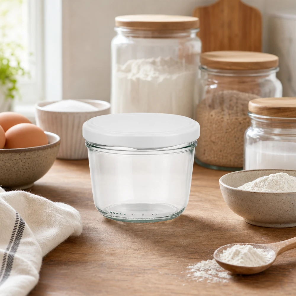 230ml Verre conique avec couvercle BasicSeal blanc UNiTWIST Pot de 230ml vide avec couvercle blanc BasicSeal dans la cuisine moderne entre les ingrédients de cuisson et les bocaux à provisions.