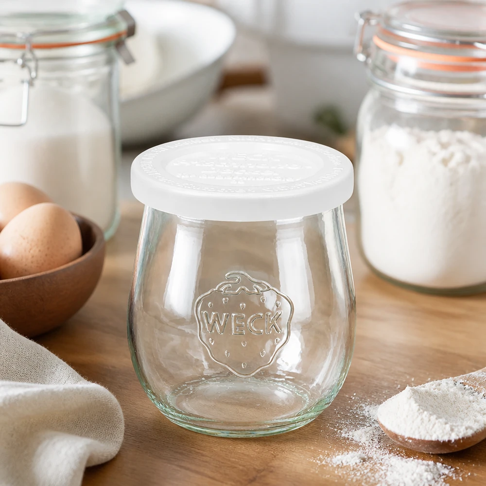 Bocal en forme de tulipe de 220 ml avec couvercle hermétique WECK RR60 WECK Pot tulipe 220ml RR60 dans Boulangerie avec farine et oeufs - pot de conservation pour la pâtisserie et la cuisine