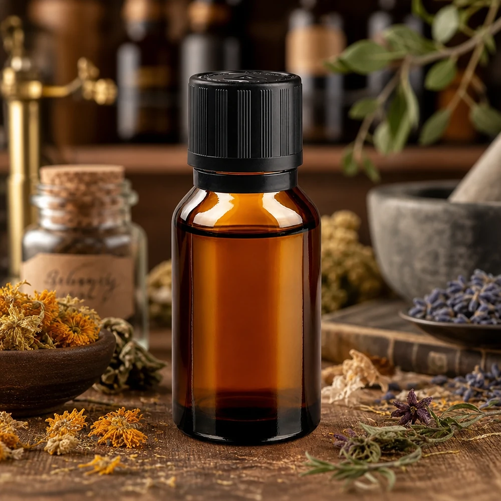flacon à pharmacie brun 15ml bouchon inviolable 1mm noir sécurité enfant adapté aux aveugles bouchon inviolabilité Flacon de pharmacie de 15 ml, de couleur ambrée, muni d'un bouchon à vis et entouré d'herbes et de fleurs séchées