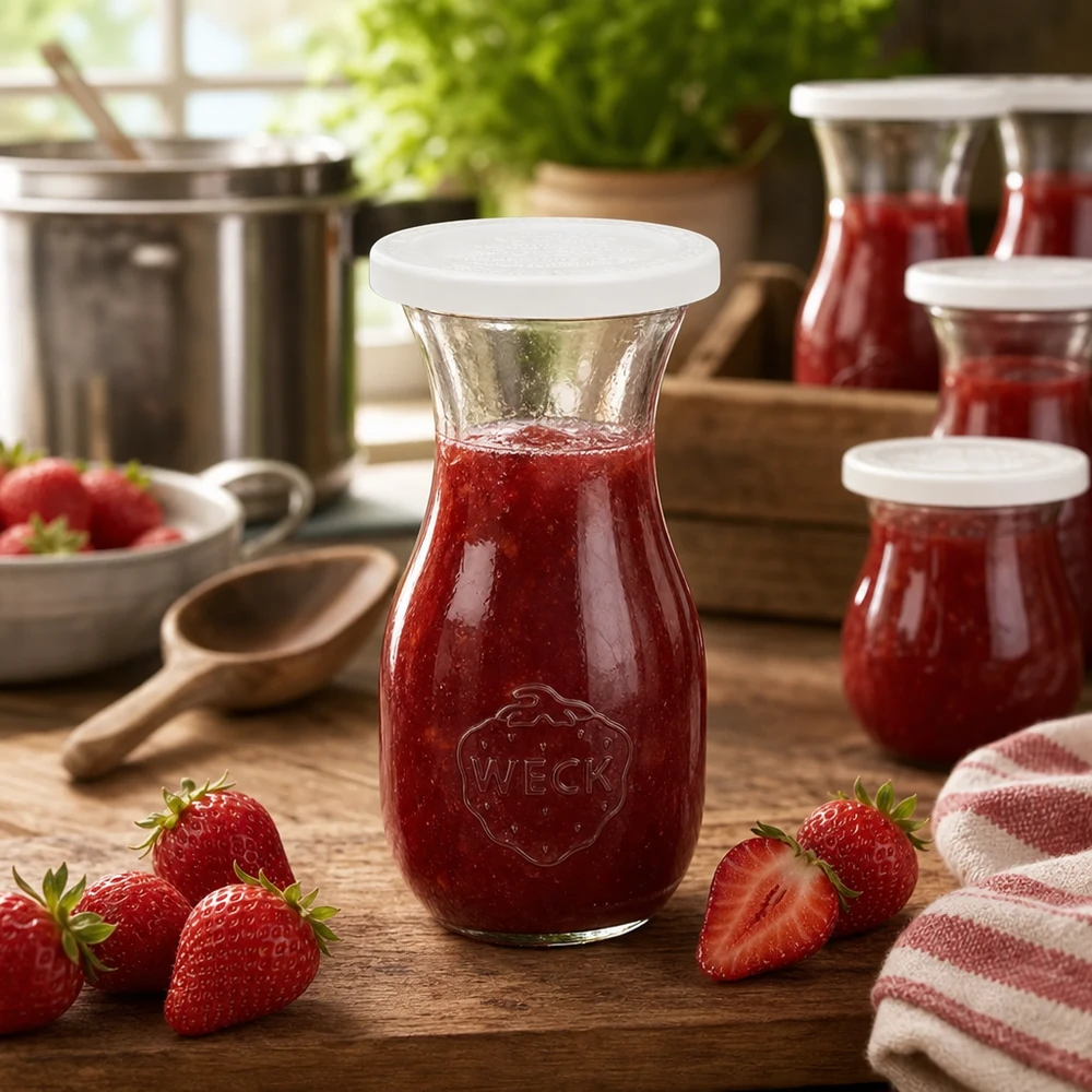 WECK Bouteille de jus de 290 ml remplie de confiture de fraises rouges entourée de fraises fraîches sur une table en bois