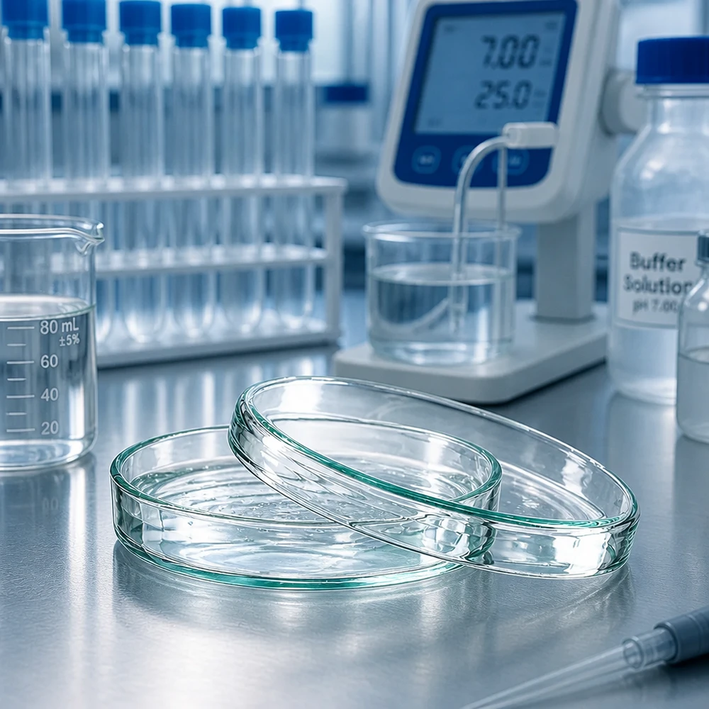 Boîte de Petri en verre sans compartiments, 80x15mm Deux boîtes de Pétri en verre vides de 80 x 15 mm posées sur une paillasse en acier inoxydable, à côté d'un pH-mètre et d'une solution tampon, dans le laboratoire