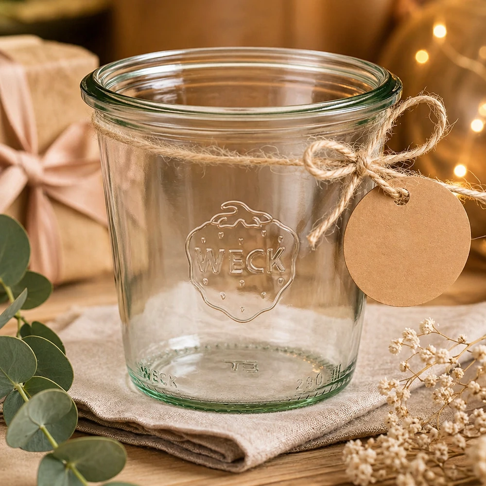 Bocal en verre de 290 ml, haut, WECK RR80 WECK Verre renversé 290ml RR80 haut avec couvercle et étiquette cadeau décorée sur une table en bois rustique