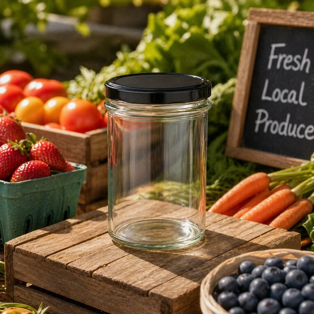 Verre renversé de 230 ml avec couvercle noir BasicSeal entre des fruits frais et des légumes sur une table en bois Farmers Market Scene