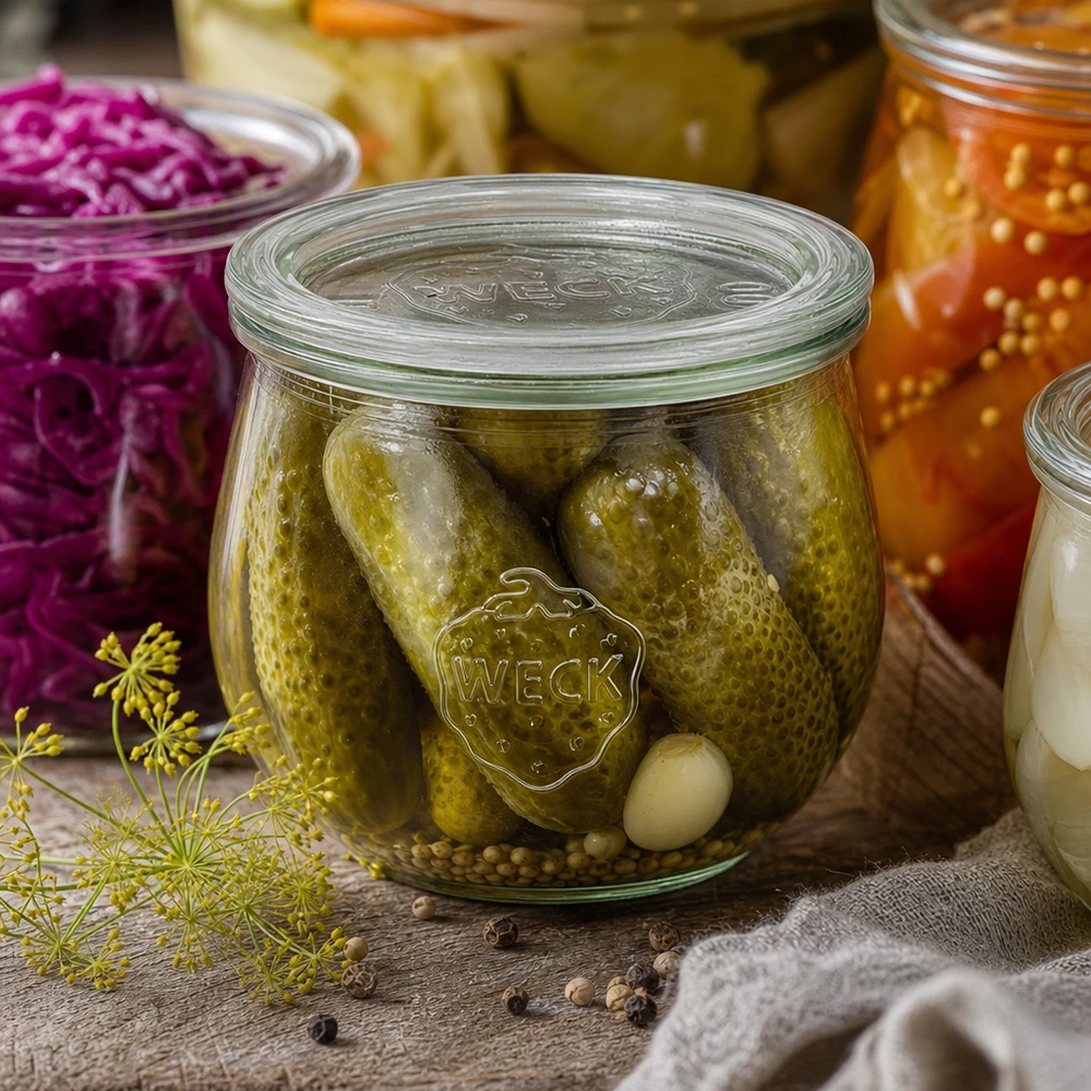 580ml bocal tulipe avec bouchon en verre WECK RR100 WECK Pot tulipe 580ml RR100 avec cornichons marinés et épices entre légumes fermentés et herbes aromatiques