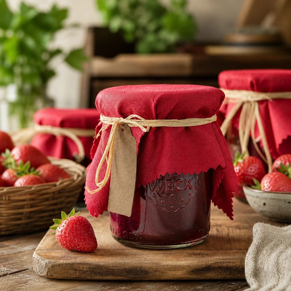 Cache-bijoux en tissu bordeaux de 15cm avec raphia et pendentif en papier kraft sur pot de confiture de fraises