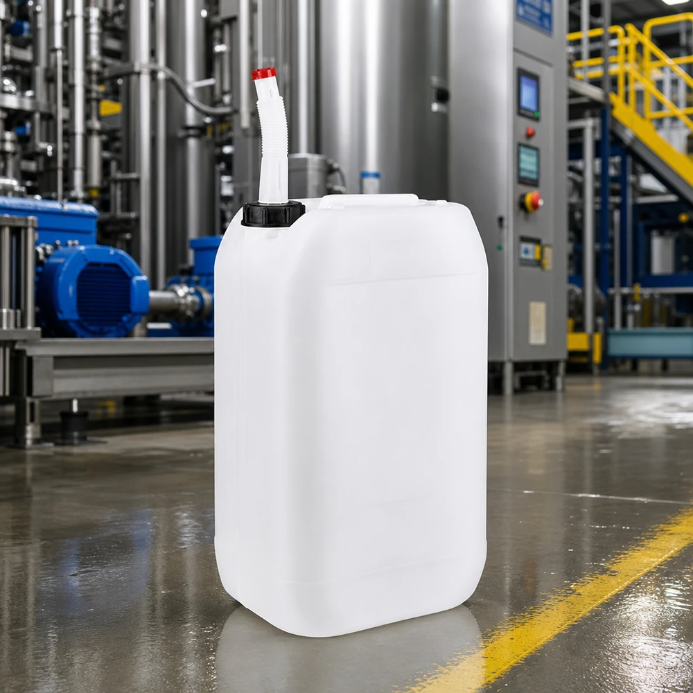 Bidon 15 litres avec tuyau d'écoulement Flex Bidon industriel de 15 litres avec bec verseur flexible dans un hall de production