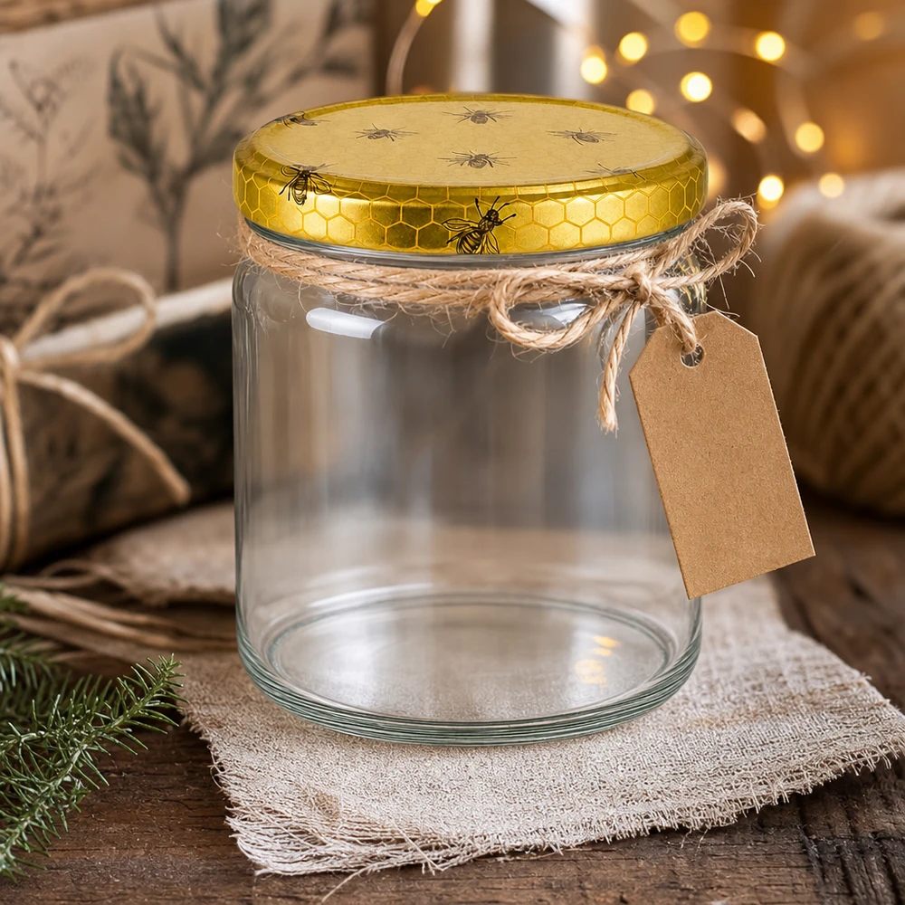 408ml Verre rond avec couvercle BasicSeal nid d'abeilles UNiTWIST Verre rond de 408 ml avec couvercle en nid d'abeille BasicSeal vide avec étiquette cadeau décorée sur une table en bois rustique