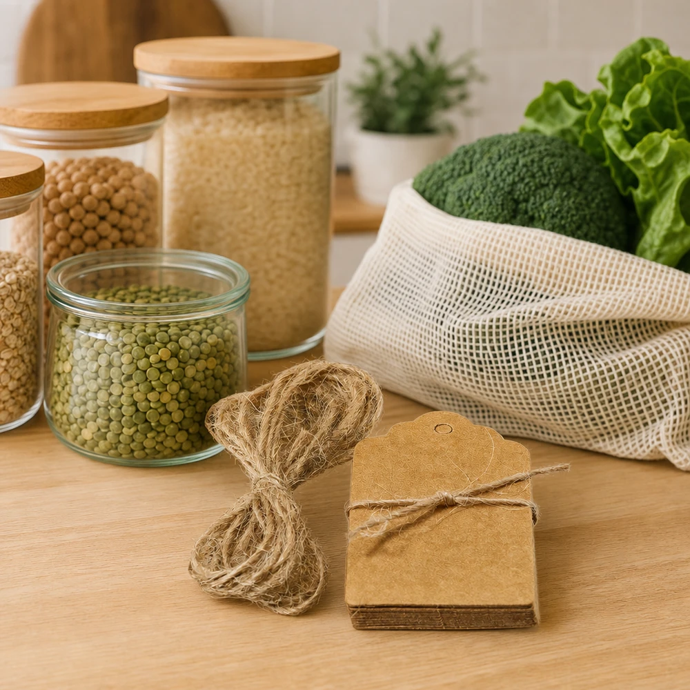 Pendentif 30 x 50 mm avec cordon (lot de 10) Étiquettes durables en papier kraft avec cordelette en fibres naturelles à côté de produits zéro déchet et de sacs en maille pour une cuisine sans plastique