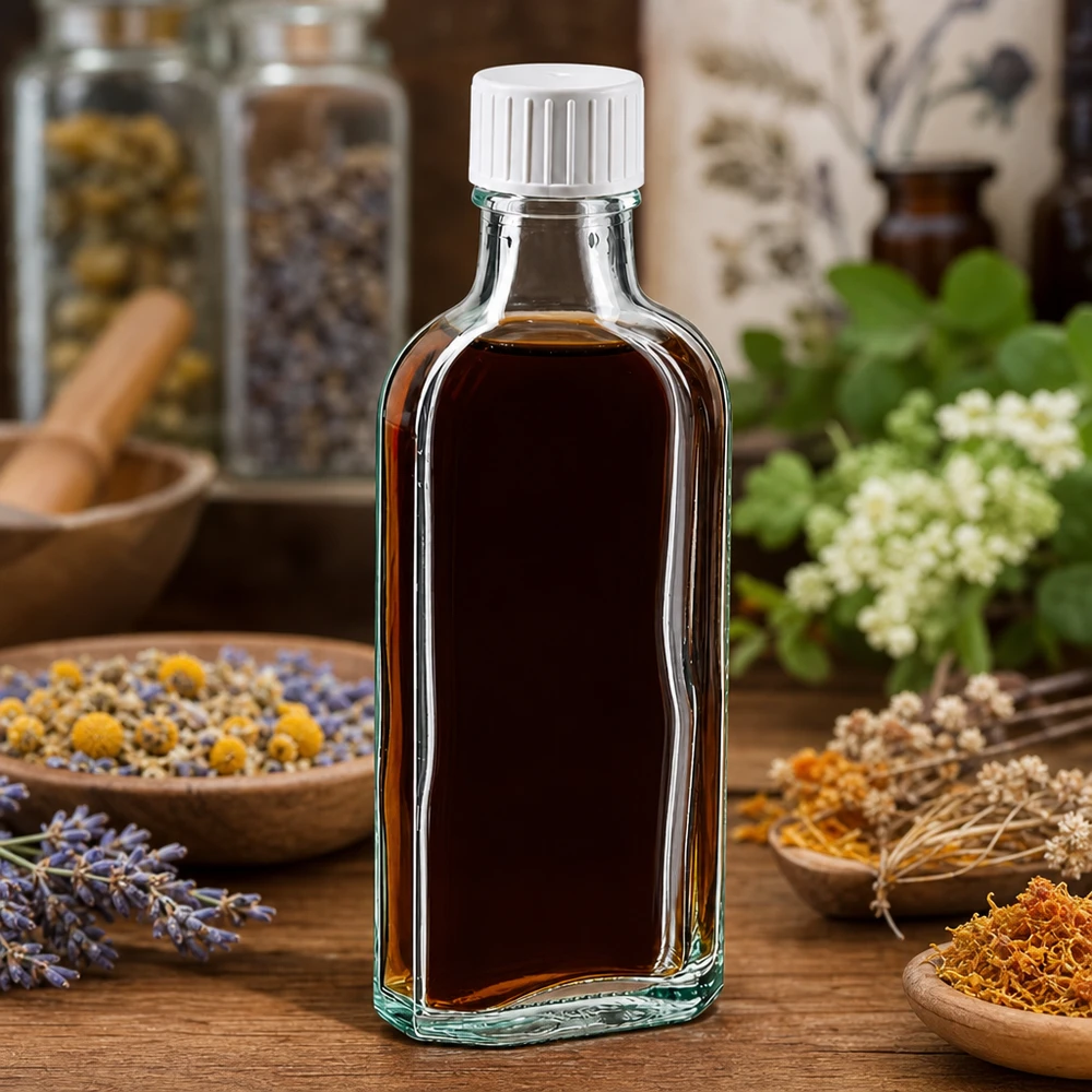 Flasque transparente de 100 ml au goulot DIN 22, avec bouchon à vis DIN 22 blanc et bague anti-gouttes Flacon transparent « Meplat » de 100 ml avec bouchon à vis, rempli d'extrait de plantes, posé sur une table en bois