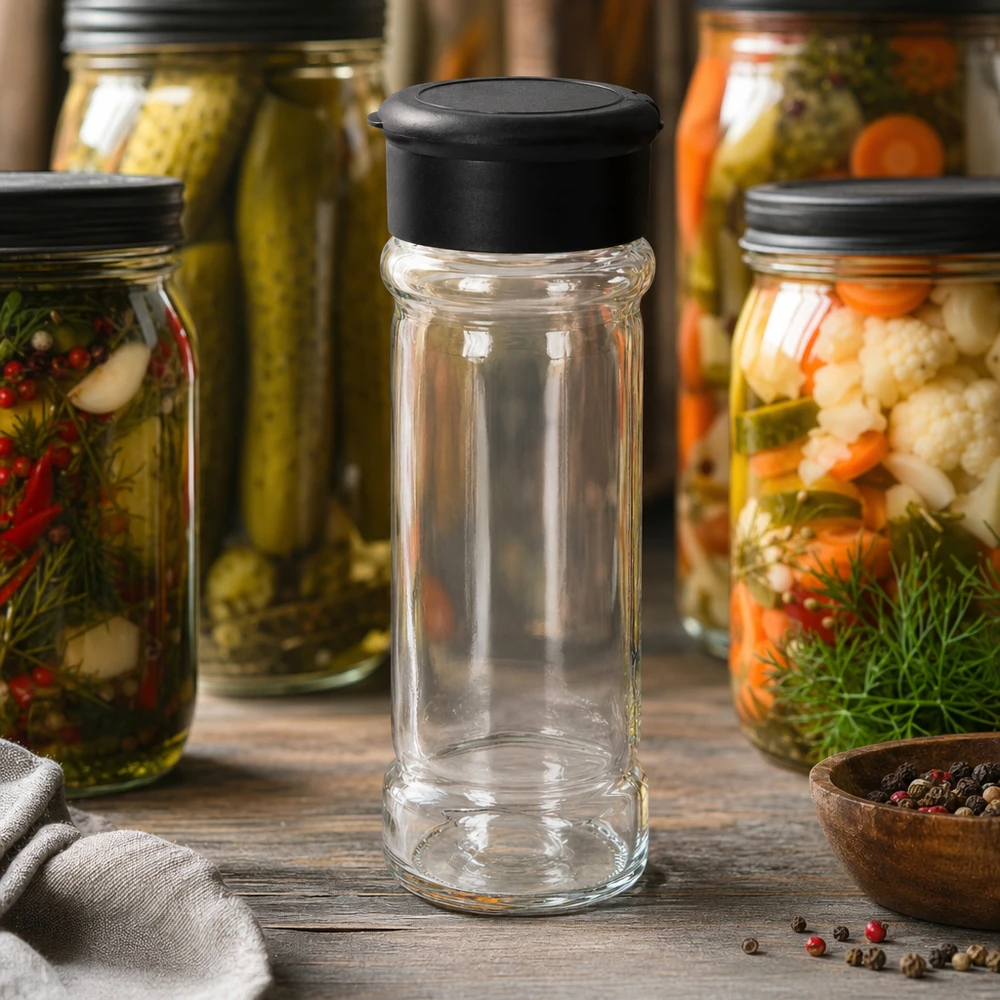 Pot à épices transparent de 100 ml avec couvercle saupoudreur noir, contenant des légumes marinés