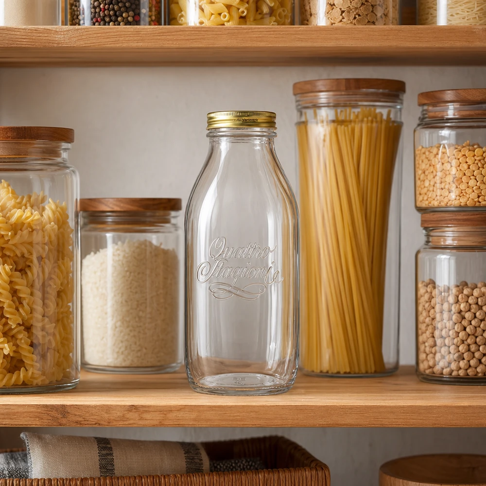Bouteille en verre Quattro Stagioni 1000ml dans un garde-manger organisé avec des bocaux de stockage, des pâtes et des légumineuses
