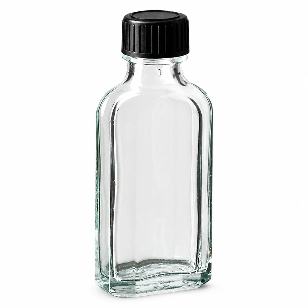 Flasque transparente de 50 ml au goulot DIN 22, avec bouchon à vis DIN 22 noir et joint PEE Flacon en verre Meplat transparent de 50 ml, muni d'un bouchon à vis noir et d'un joint en EPE
