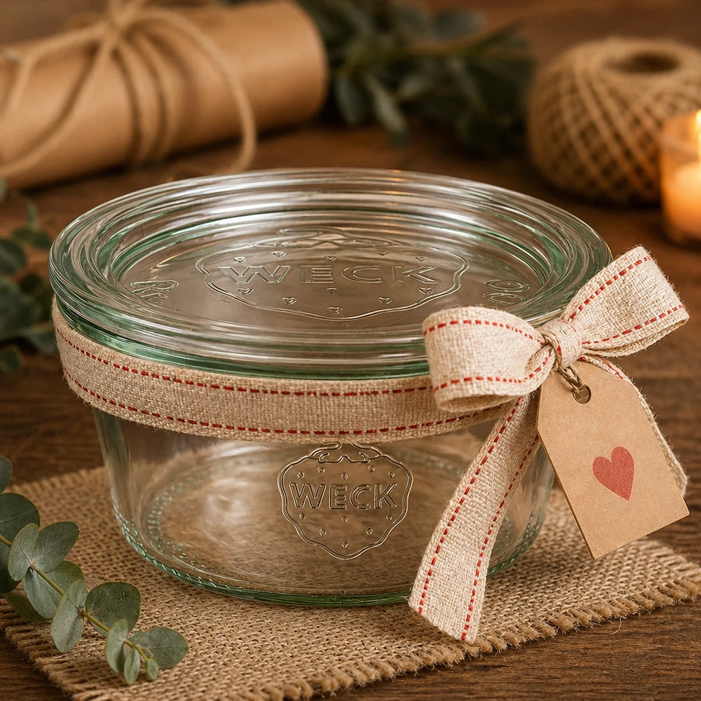 Bocal WECK RR100 de 290 ml, à bord évasé et couvercle en verre WECK Verre renversé 290ml RR100 comme idée de cadeau avec ruban et pendentif en forme de cœur dans une ambiance rustique