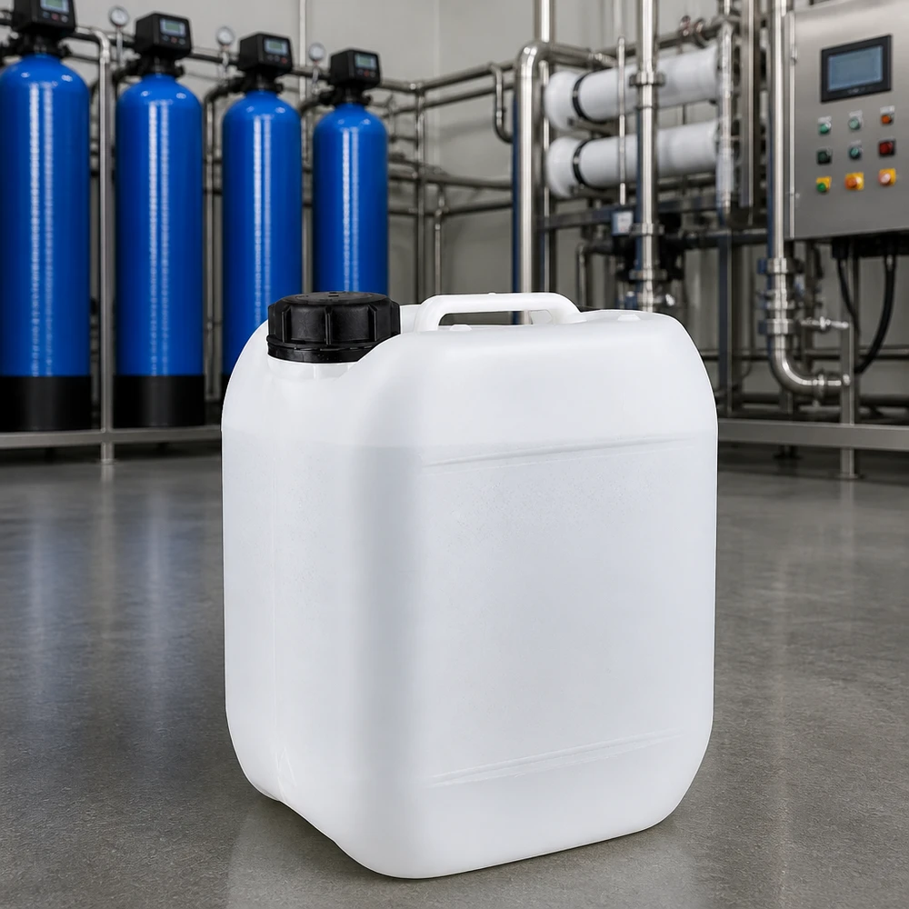 Bidon en plastique blanc de 5 litres avec bouchon à vis, devant une station de traitement des eaux industrielle
