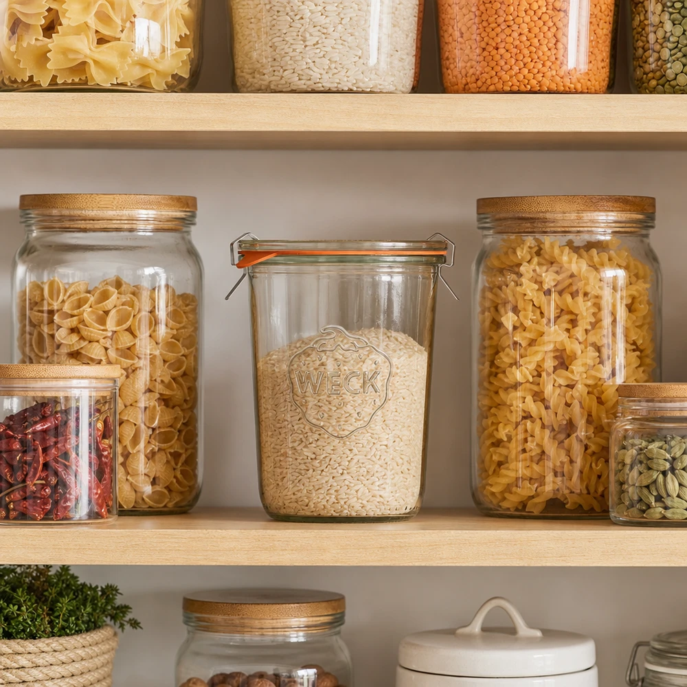 WECK Verre renversé 850ml RR100 pour une conservation élégante du riz et des pâtes dans une cuisine à provisions moderne