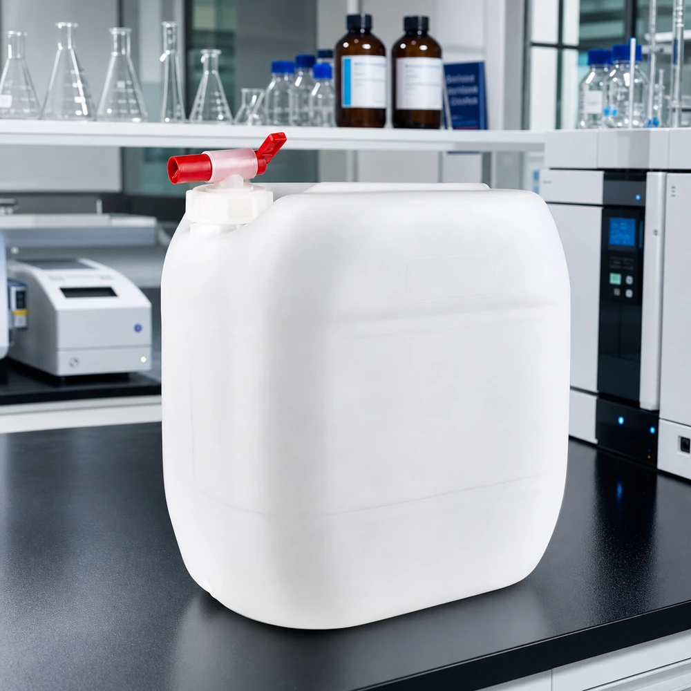 Bidon carré de 30 litres muni d'un robinet rouge, posé sur un plan de travail de laboratoire noir