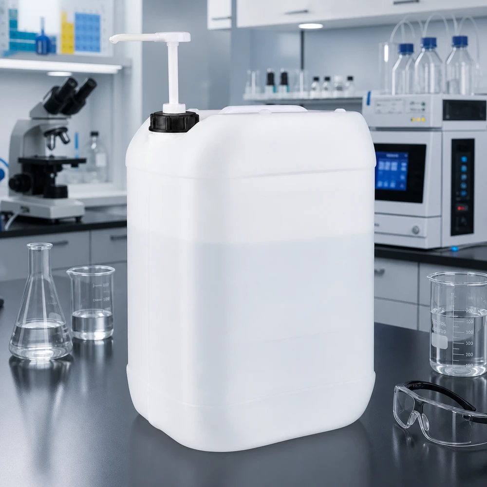Jerrican de 25 litres avec pompe doseuse Bidon rectangulaire en PEHD de 25 litres équipé d'une pompe de prélèvement, dans un environnement de laboratoire moderne