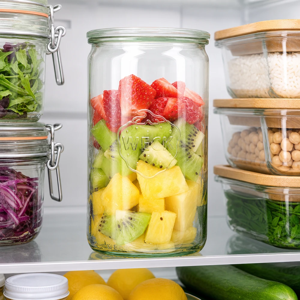 1590ml bocal cylindrique avec bouchon en verre WECK RR100 WECK Pot cylindrique 1590ml RR100 au réfrigérateur avec salade de fruits frais frais fraises kiwi ananas entre autres pots de conservation
