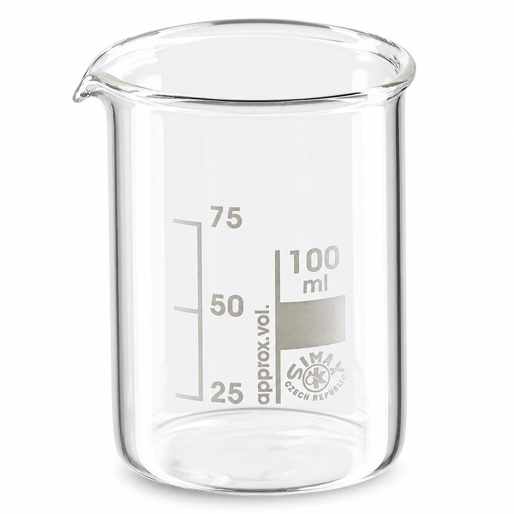 Gobelet 100ml en verre borosilicaté de haute qualité avec bec verseur et graduation en forme basse