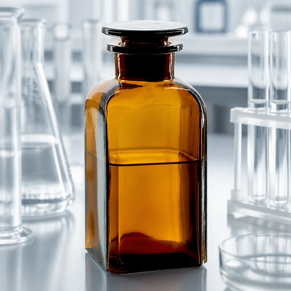 Photo de laboratoire : flacon carré brun de 350 ml à col large avec bouchon en verre, entre un ballon d'Erlenmeyer et des tubes à essai