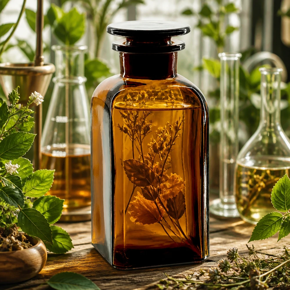 Flacon carré col large 350 ml + bouchon RIN, verre ambré Flacon de pharmacie brun de 350 ml, de forme carrée, à col large et muni d'un bouchon en verre, pour les teintures à base de plantes