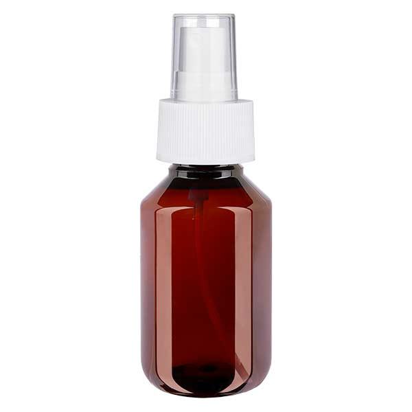 Flacon médical de 100 ml en PET, avec spray blanc GCMI 28/410 et capuchon transparent standard Flacon médical de 100 ml en PET, avec spray blanc GCMI 28/410 et capuchon transparent standard