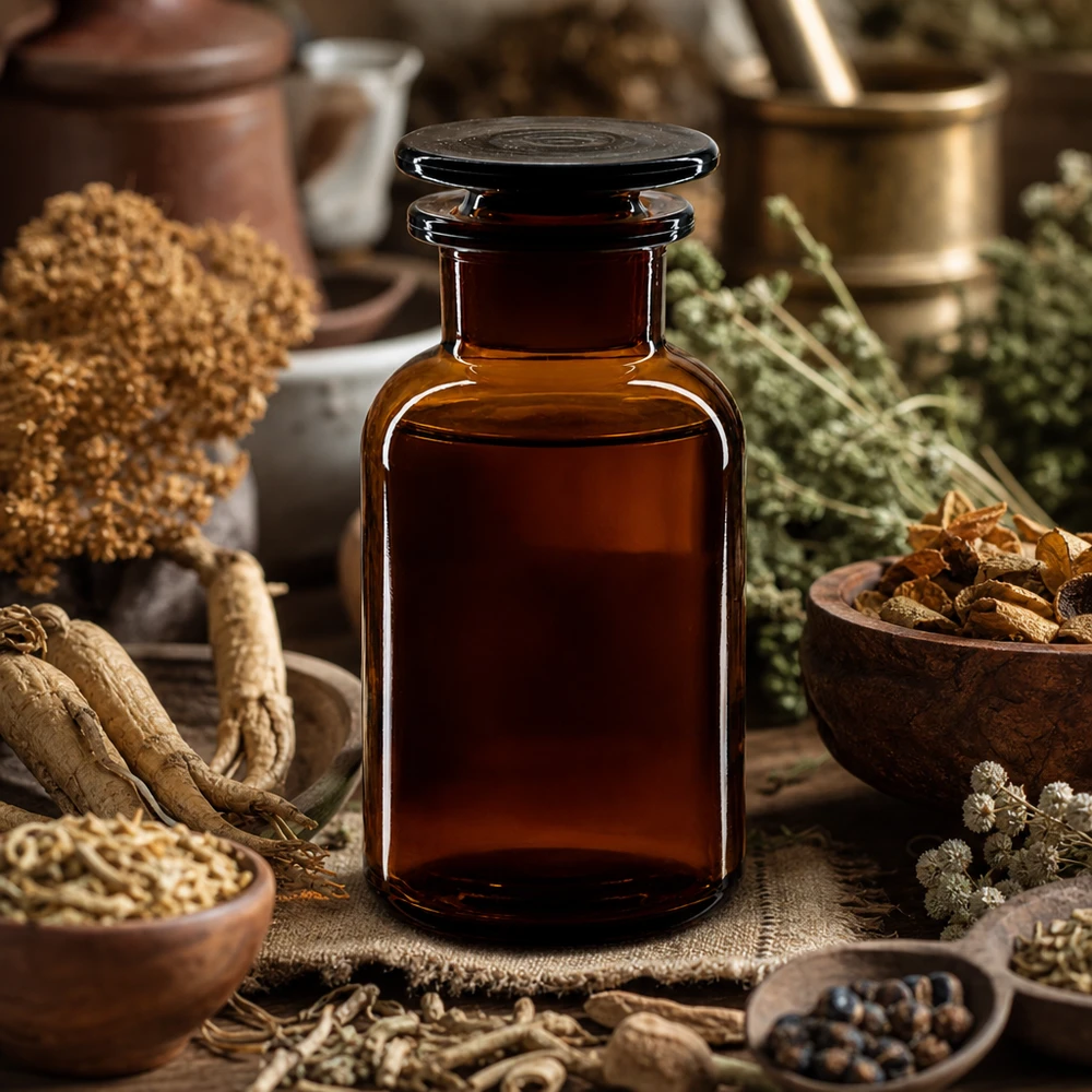 Flacon de pharmacie brun de 250 ml à col large, muni d'un bouchon en verre et entouré d'herbes médicinales et de racines