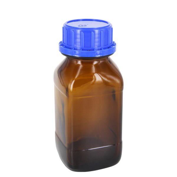 Flacon carré à col large en verre ambré 250 ml, avec bouchon à vis bleu de norme DIN 45, système d’inviolabilité et joint en PEE Flacon carré à col large en verre ambré 250 ml, avec bouchon à vis bleu de norme DIN 45, système d’inviolabilité et joint en PEE