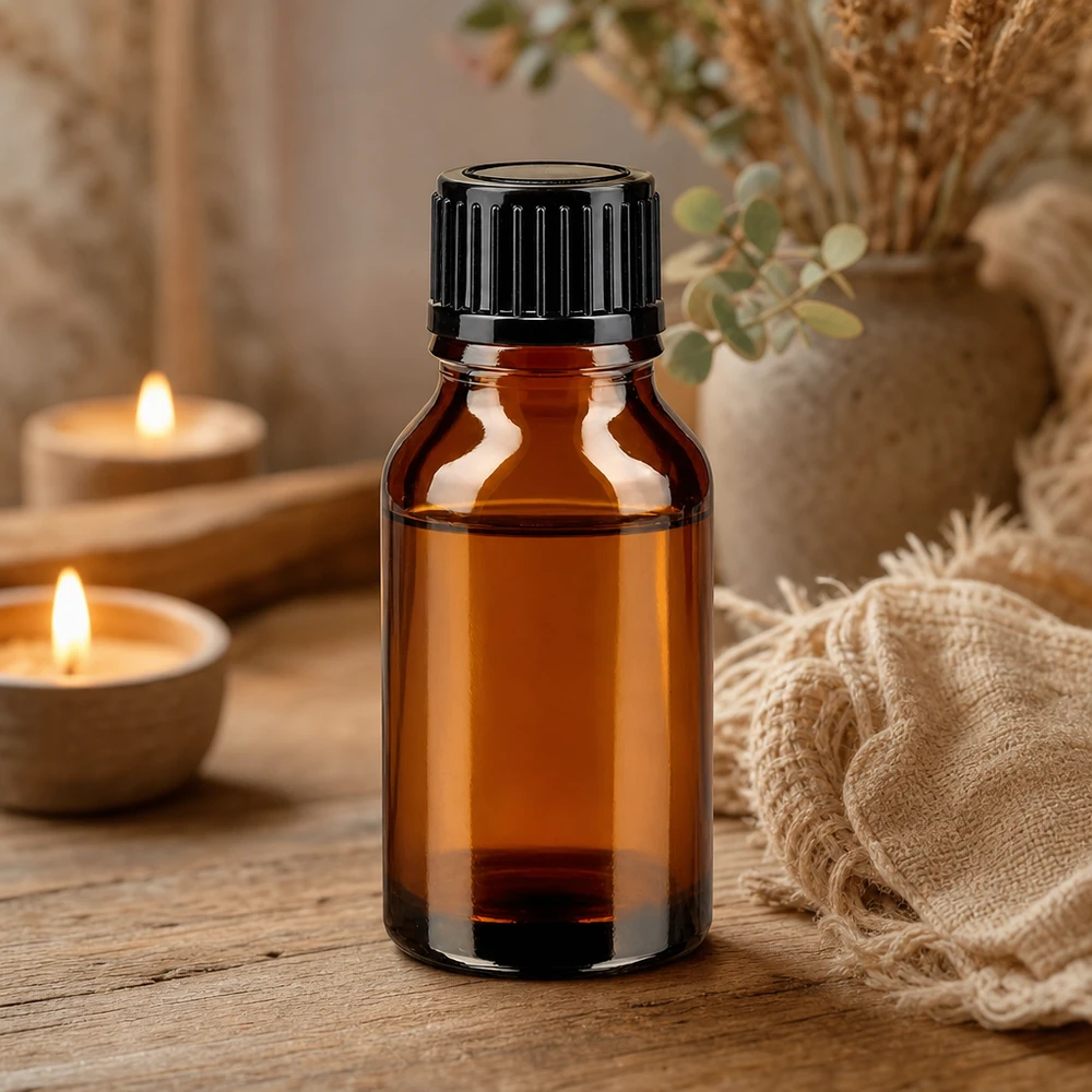 Flacon en verre brun 15ml avec bouchon à vis noir Flacon de pharmacie classique en verre ambré de 15 ml avec bouchon à vis noir, posé sur une table en bois