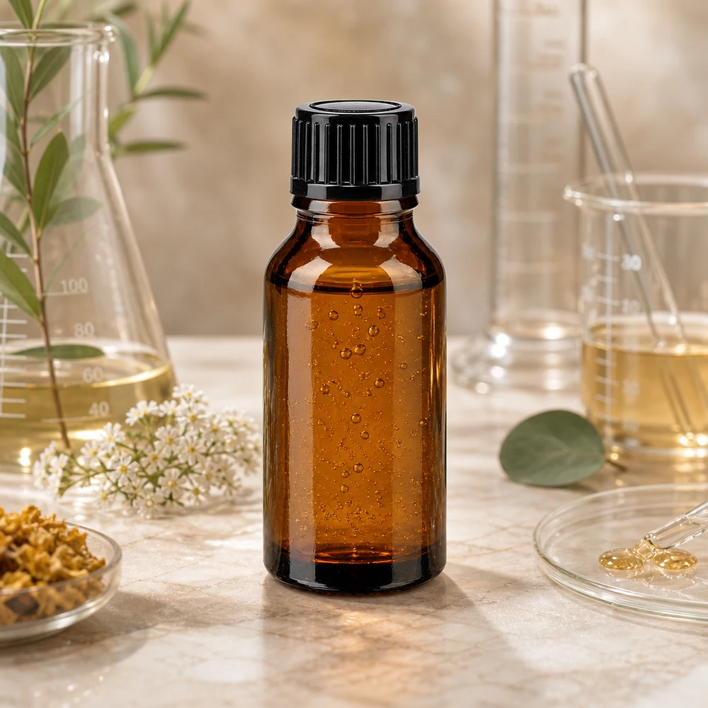 Bouteille en verre brun de 15 ml avec bouchon à vis, entre les plantes médicinales et le matériel de laboratoire