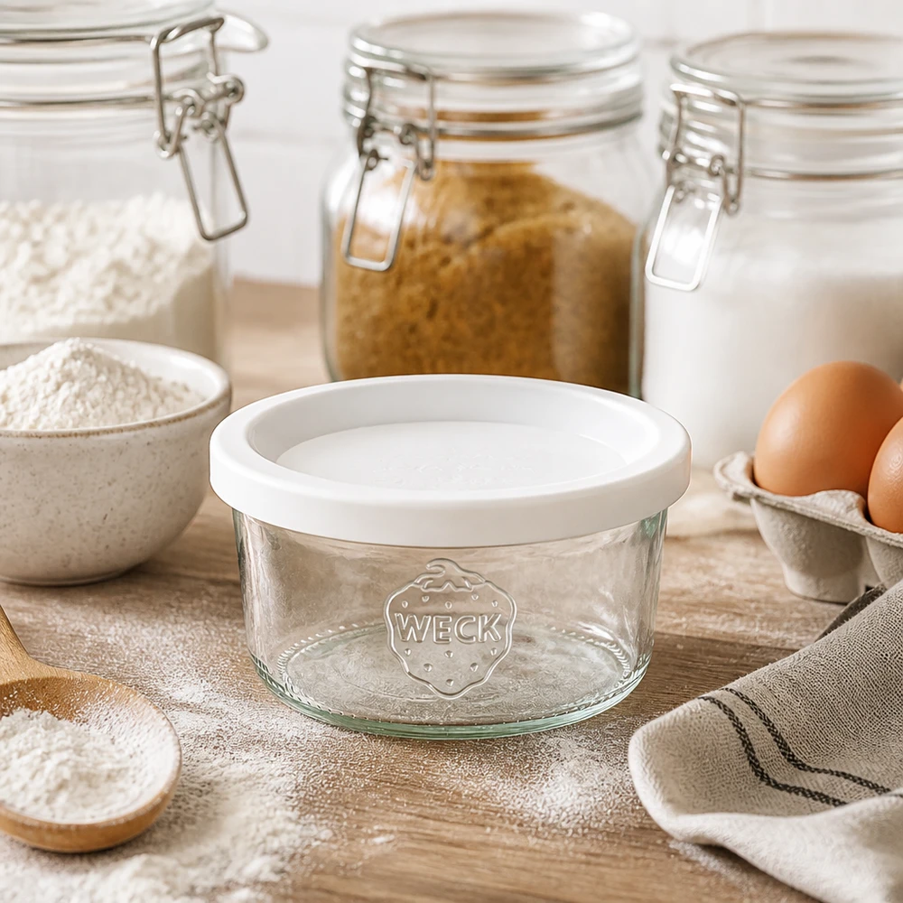 WECK 165ml pot renversé RR80 avec couvercle blanc entre les ingrédients de cuisson farine et œufs sur une table en bois dans une cuisine rustique