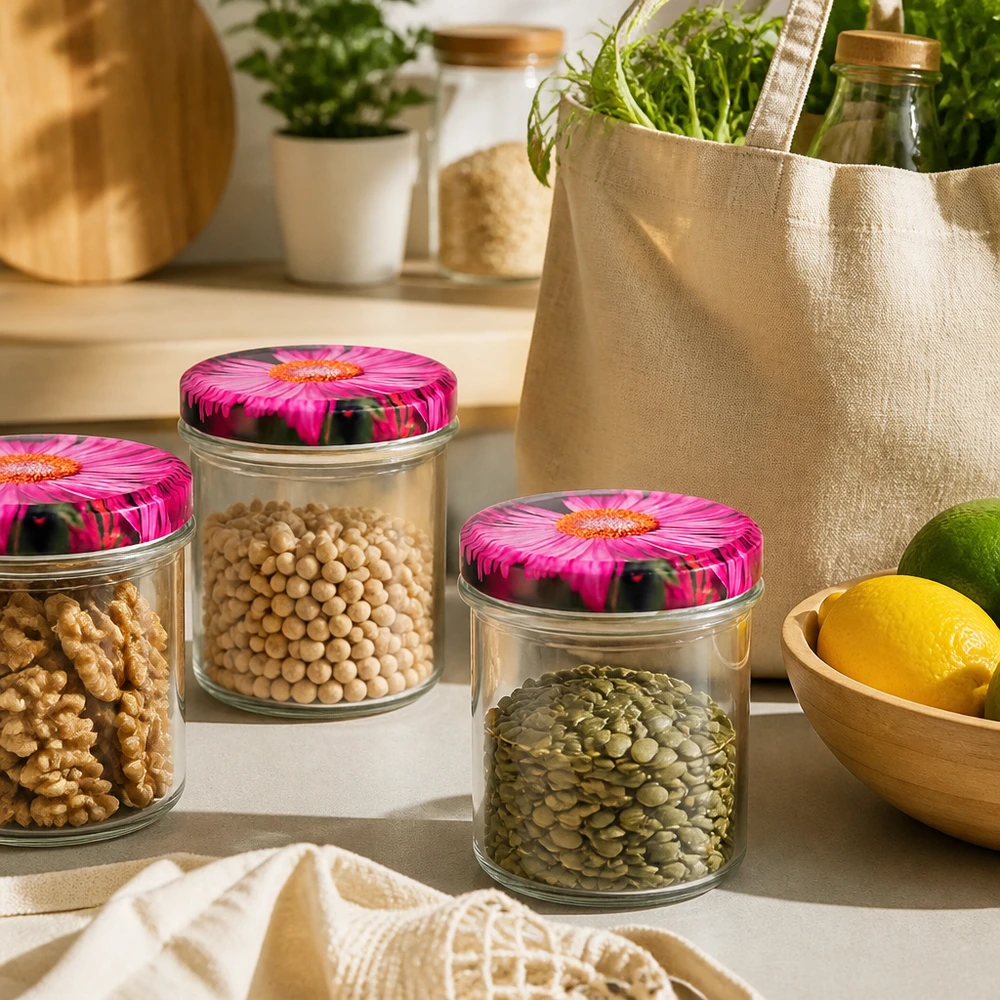 Trois pots de 350ml renversés avec des couvercles roses Gerbera BasicSeal remplis de noix Pois chiches Lentilles dans la cuisine zéro déchet