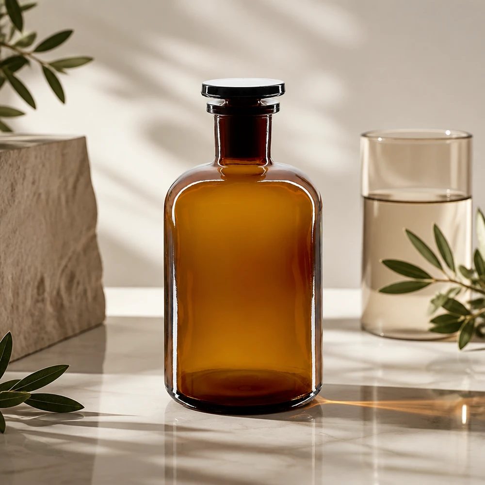 Flacon de laboratoire couleur ambre de 500 ml, à col étroit et épaulement arrondi, muni d'un bouchon en verre de haute qualité