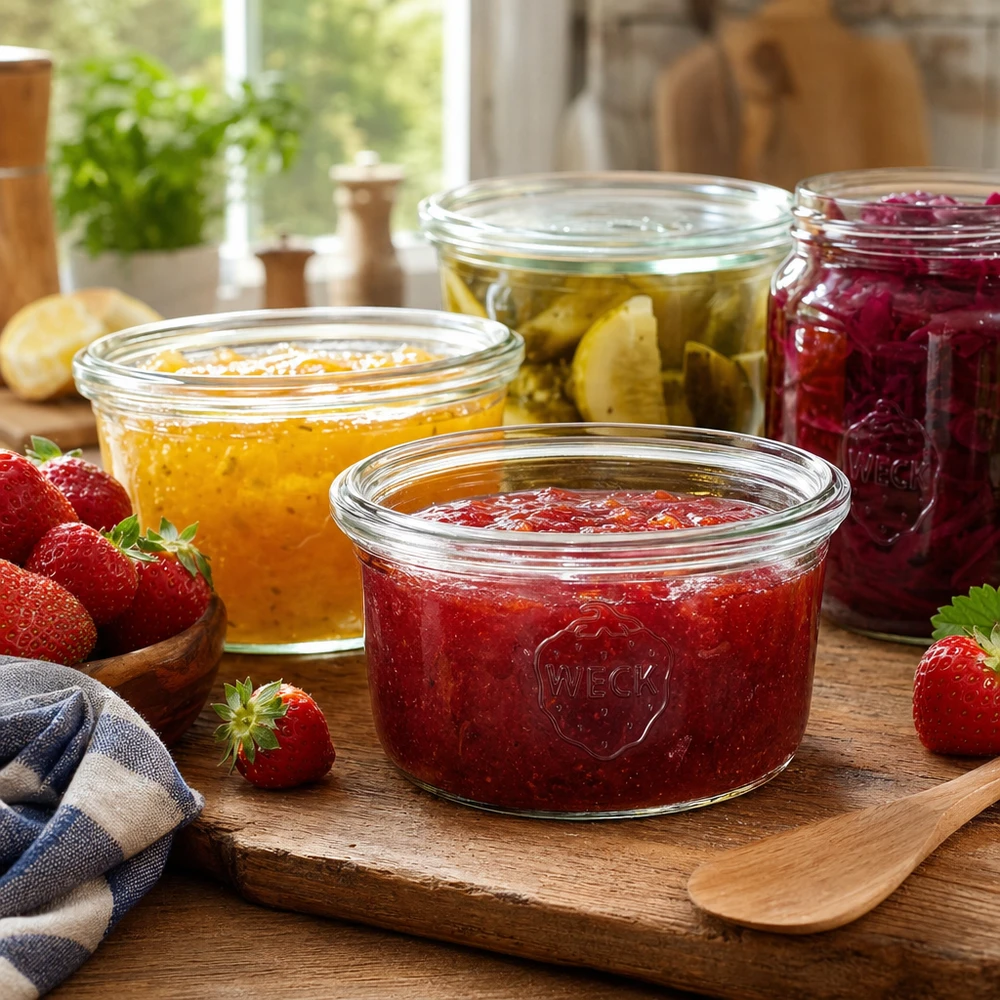 Bocal WECK RR80 de 165 ml WECK Pot renversé de 165 ml RR80 avec confiture de fraises sur planche en bois à côté d'autres bocaux de confiture et de terre fraîche