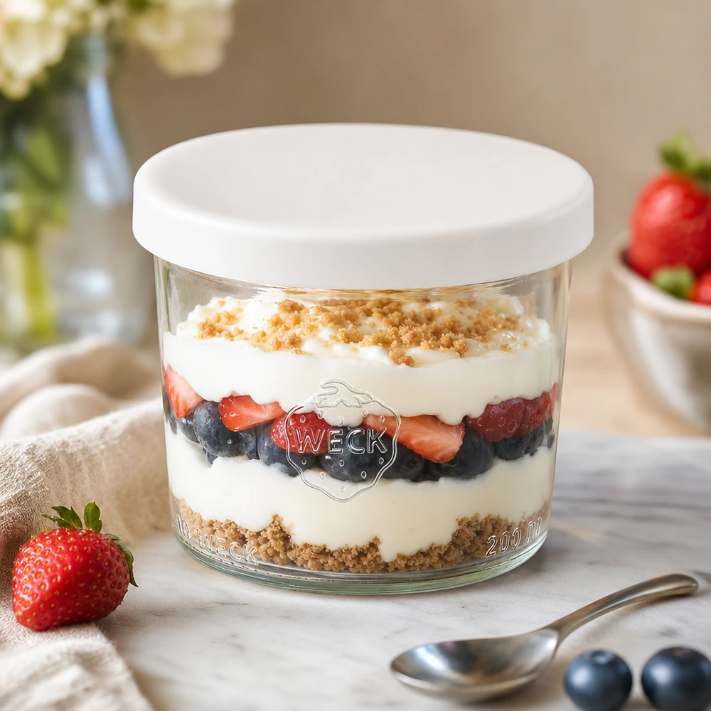 WECK Verre renversé 200ml RR80 avec dessert stratifié baies yaourt couvercle blanc en silicone Verre à dessert pour desserts sucrés